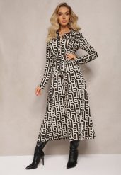 Beżowo-Czarna Koszulowa Sukienka Maxi w Geometryczny Print Gelismi. Brązowe sukienki damskie Renee, m, bez wzorów, z materiału, bez kołnierzyka, bez ramiączek, maxi, koszulowe. W wyprzedaży za 139.99 zł.