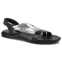 Sandaly damskie Dwunasty Shoes, z regulowanym zapięciem przy pięcie płaską podeszwą oraz dekoracyjnym elementem na cholewce, czarno-srebrne, 900-2. Czarne sandały damskie Dwunasty Shoes, bez wzorów, ze skóry, bez obcasa, na obcasie. Za 205.00 zł.