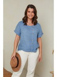 Curvy Lady Lniana koszulka w kolorze niebieskim rozmiar: 40/42. Niebieskie bluzki damskie Curvy Lady, bez wzorów, ze lnu, klasyczne, bez kołnierzyka, bez ramiączek. Za 109.78 zł.