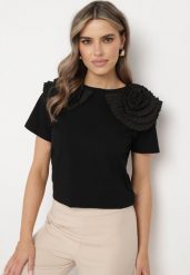 Czarny Bawełniany T-shirt z Materiałową Aplikacją 3D Jolilena. Czarne t-shirty damskie Born2be, l, z aplikacjami, z bawełny, bez kołnierzyka. Za 44.99 zł.
