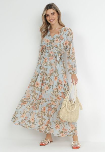 Miętowa Rozkloszowana Sukienka w Kwiaty Maxi z Gumką i Wiązaniem w Pasie Manirisa. Zielone sukienki damskie Born2be, l, z aplikacjami, bez kołnierzyka, bez ramiączek, maxi, kopertowe. Za 99.99 zł.