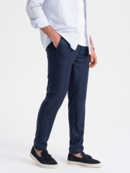 Spodnie męskie klasyczne chino SLIM FIT - granatowe V1 OM-PACP-0182 - XXL. Niebieskie spodnie materiałowe męskie Ombre Clothing, bez wzorów, z poliesteru, klasyczne. Za 143.99 zł.