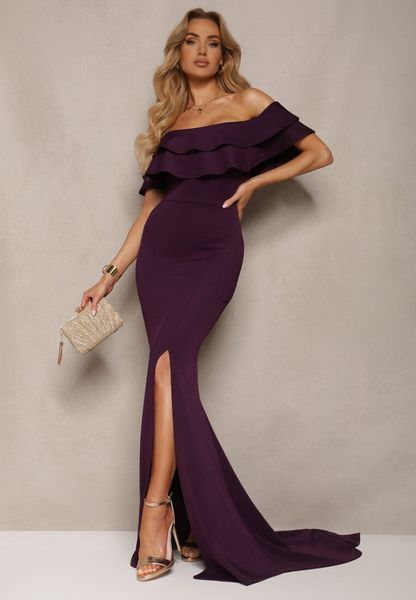 Fioletowa Sukienka Wieczorowa o Fasonie Hiszpanki z Rozcięciami i Rozkloszowanym Dołem Ulcini. Fioletowe sukienki damskie Renee, na imprezę, m, bez wzorów, eleganckie, bez kołnierzyka, bez ramiączek, maxi, kopertowe. Za 209.99 zł.