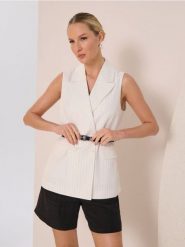 Kamizelka garniturowa dwurzędowa z paskiem - kremowy. Białe kamizelki damskie Sinsay, l. Za 59.99 zł.