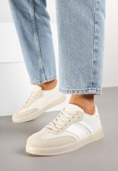 Beżowe Sneakersy Tenisówki z Geometrycznym Wzorem Eleamila. Brązowe trampki i tenisówki damskie Born2be, z aplikacjami, z jeansu. Za 89.99 zł.