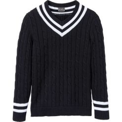 Sweter z dekoltem w serek i wzorem w warkocze bonprix czarno-biały. Czarne swetry męskie bonprix, l, bez wzorów, z bawełny, bez kołnierzyka. Za 59.99 zł.