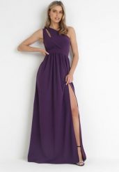 Ciemnofioletowa Sukienka Maxi Na Jedno Ramię z Rozcięciem na Dole Jasminta. Fioletowe sukienki damskie Born2be, na imprezę, m, bez wzorów, eleganckie, z asymetrycznym kołnierzem, bez ramiączek, maxi, asymetryczne. W wyprzedaży za 151.99 zł.