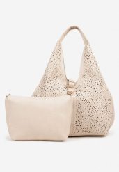 Beżowa Torebka Hobo Zdobiona Ażurową Perforacją z Dodatkową Saszetką Frolana. Brązowe torebki klasyczne damskie Renee, z aplikacjami, z jeansu, zdobione, bez dodatków. Za 119.99 zł.