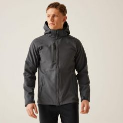 Męska kurtka z kapturem z podszewką softshell z odstraszaczem. Szare kurtki męskie Regatta, m, bez wzorów, z softshellu, z kapturem. Za 349.99 zł.
