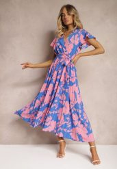 Niebiesko-Różowa Kopertowa Plisowana Sukienka Koktajlowa z Gumką i Paskiem w Talii Benelsea. Niebieskie sukienki damskie Renee, m, bez wzorów, z materiału, eleganckie, bez kołnierzyka, bez ramiączek, maxi, dopasowane. W wyprzedaży za 79.99 zł.