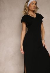 Czarna Sukienka z Bawełny o Pudełkowym Kroju i Dekolcie w V i Rozcięciami Natindra. Czarne sukienki damskie Renee, na spotkanie biznesowe, l, bez wzorów, z bawełny, eleganckie, bez kołnierzyka, bez ramiączek, maxi. W wyprzedaży za 59.49 zł.