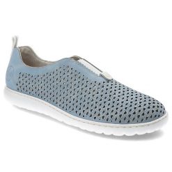 Niebieskie Półbuty Rieker Wygodne Wsuwane Obuwie Damskie. Niebieskie półbuty damskie Rieker, bez wzorów, z jeansu, eleganckie, bez obcasa. Za 209.00 zł.