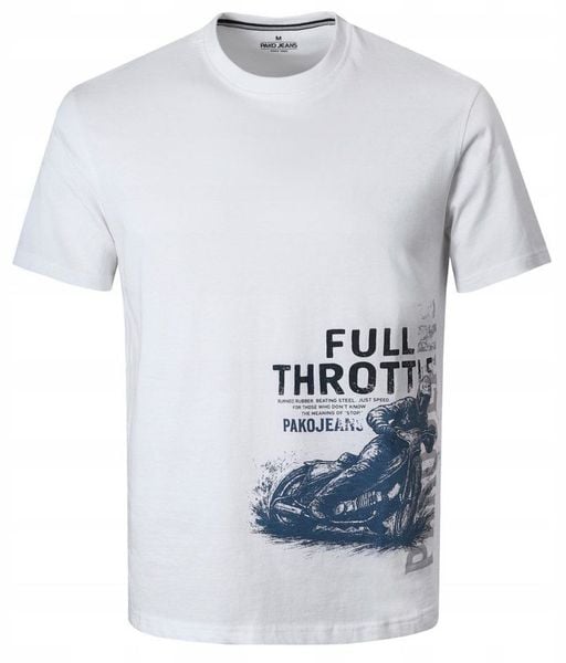 Męska Koszulka (T-Shirt) - Pako Jeans - Biała z Motorem Żużlowym. Białe t-shirty męskie Pako Jeans, l, bez wzorów, z bawełny, bez kołnierzyka. Za 79.00 zł.