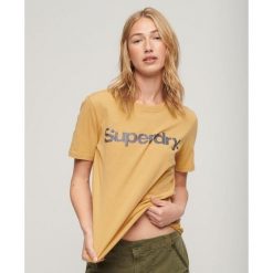 Koszulka z metalicznym logo. Żółte bluzki sportowe damskie Superdry., z bawełny, bez kołnierzyka, bez ramiączek. W wyprzedaży za 142.55 zł.