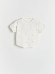T-shirt z kwiatową aplikacją - złamana biel. Koszulki dziewczęce Reserved, m, z aplikacjami, z bawełny, bez ramiączek. W wyprzedaży za 25.99 zł.