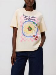 T-shirt z nadrukiem - kremowy. Białe t-shirty damskie Reserved, l, bez wzorów, z bawełny, bez kołnierzyka. Za 49.99 zł.