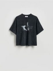 T-shirt boxy z efektem sprania - ciemnoszary. Szare t-shirty męskie Reserved, l, bez wzorów, z bawełny, bez kołnierzyka. Za 79.99 zł.