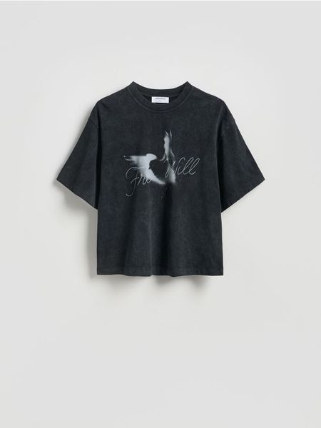 T-shirt boxy z efektem sprania - ciemnoszary. Szare t-shirty męskie Reserved, l, bez wzorów, z bawełny, bez kołnierzyka. Za 79.99 zł.