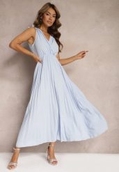 Jasnoniebieska Rozkloszowana Sukienka Plisowana z Wiskozą i Bawełną Wykończona Gumką w Talii Yefia. Niebieskie sukienki damskie Renee, l, bez wzorów, z bawełny, bez kołnierzyka, bez ramiączek, maxi, dopasowane. W wyprzedaży za 52.49 zł.