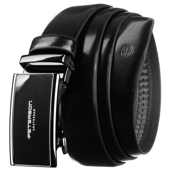 Skórzany pasek męski w czarnym kolorze z możliwością samodzielnego skrócenia - Peterson. Czarne paski męskie Peterson, bez wzorów. Za 129.00 zł.