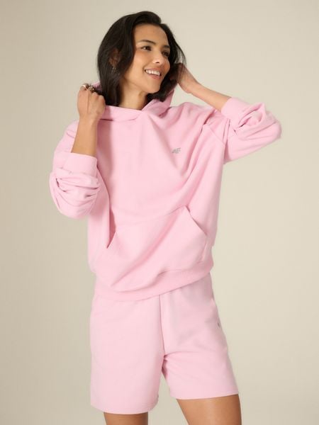 4F Bluza dresowa loose z kapturem damska - różowa XS. Czerwone bluzy sportowe damskie 4f, xs, bez wzorów, z dresówki, bez ramiączek, z kapturem. Za 159.99 zł.