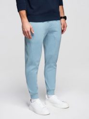 Męskie spodnie dresowe ze ściągaczem przy nogawce BASIC jogger - niebieskie V7 - Rozmiar: XL. Niebieskie spodnie dresowe męskie Ombre Clothing, z aplikacjami, z bawełny. Za 169.99 zł.