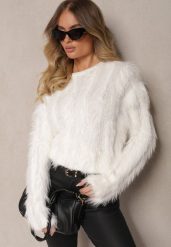 Biały Futrzany Sweter z Wełną Liarisae. Białe swetry klasyczne damskie Renee, na jesień, z futra, bez kołnierzyka. Za 84.99 zł.