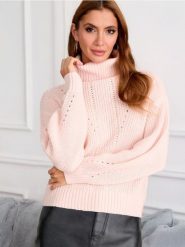 Sweter - różowy. Czerwone golfy damskie Sinsay, l, bez wzorów, ze splotem, bez ramiączek. Za 49.99 zł.