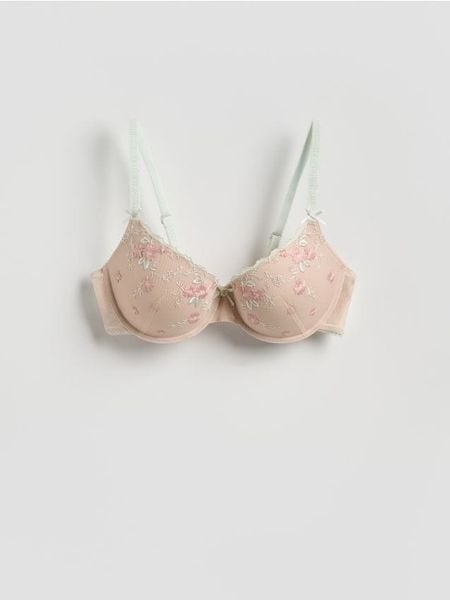 Biustonosz push up z haftem - beżowy. Brązowe biustonosze Reserved, bez wzorów, z dzianiny. Za 89.99 zł.