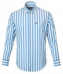 Biała, Lekko Taliowana Koszula Męska - Pako Jeans - Niebieski Prążek. Niebieskie koszule męskie Pako Jeans, l, bez wzorów, z bawełny, bez kołnierzyka, bez ramiączek. Za 199.00 zł.