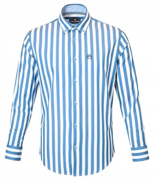 Biała, Lekko Taliowana Koszula Męska - Pako Jeans - Niebieski Prążek. Niebieskie koszule męskie Pako Jeans, l, bez wzorów, z bawełny, bez kołnierzyka, bez ramiączek. Za 199.00 zł.