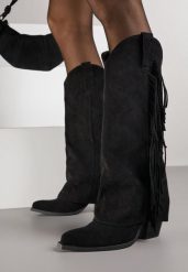 Czarne Kozaki Kowbojki na Obcasie z Wywiniętą Cholewką z Frędzlami Monasatia. Czarne kozaki damskie Born2be, z dzianiny, bez obcasa, na obcasie. Za 159.99 zł.