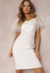 Biała Sukienka Trypheira. Białe sukienki damskie Renee, m, bez wzorów, z bawełny, eleganckie, bez kołnierzyka, bez ramiączek, midi, dopasowane. W wyprzedaży za 125.99 zł.