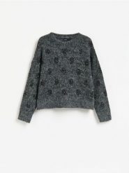 Sweter z ozdobnymi aplikacjami - ciemnoszary. Szare swetry klasyczne damskie Reserved, l, z dzianiny, bez kołnierzyka. Za 139.99 zł.