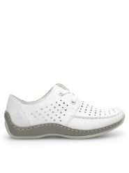 Rieker Półbuty L1716-80 Biały. Białe półbuty damskie Rieker, bez wzorów, ze skóry, bez obcasa, na płaskiej podeszwie. Za 299.99 zł.