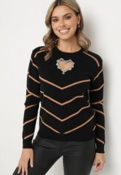 Czarno-Brązowy Sweter z Wiskozą w Geometryczny Wzór z Wycięciem w Kształcie Serca z Cyrkoniami Temilime. Czarne swetry klasyczne damskie Born2be, m, z jeansu, bez kołnierzyka. Za 89.99 zł.