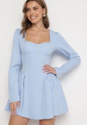 Niebieska Koktajlowa Sukienka o Rozkloszowanym Kroju z Falbankami i Gorsetem Farian. Niebieskie sukienki damskie Born2be, na spotkanie biznesowe, l, bez wzorów, eleganckie, bez kołnierzyka, bez ramiączek, mini, gorsetowe. W wyprzedaży za 127.99 zł.