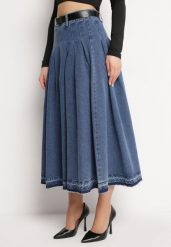 Granatowa Spódnica Jeansowa Rozkloszowana z Paskiem z Ekoskóry Nalier. Niebieskie spódniczki damskie Born2be, m, bez wzorów, z jeansu, eleganckie, maxi, koszulowe. Za 139.99 zł.