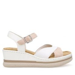 Sandały Rieker. Białe sandały damskie Rieker, bez wzorów, bez obcasa, na koturnie. Za 329.99 zł.