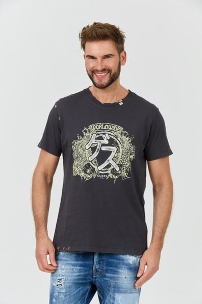 GUESS Szary męski t-shirt bawełniany Japanese Ideog, Rozmiar XXL. Szare t-shirty męskie Guess, l, z aplikacjami, z bawełny, bez kołnierzyka. W wyprzedaży za 107.99 zł.