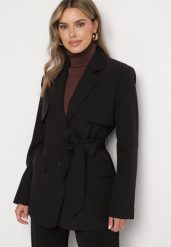 Czarna Jednorzędowa Marynarka z Kieszeniami i Wiązanym Paskiem Inellora. Czarne marynarki i żakiety damskie Born2be, l, bez wzorów, z jeansu, eleganckie. Za 229.99 zł.