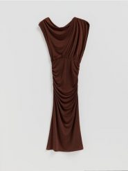 Sukienka z drapowaniem - brązowy. Brązowe sukienki damskie Reserved, l, bez wzorów, z dzianiny, bez kołnierzyka, bez ramiączek, dopasowane. Za 129.99 zł.
