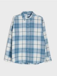 Flanelowa koszula w kratę z domieszką bawełny - błękitny. Niebieskie koszule damskie Sinsay, l, bez wzorów, z bawełny, bez kołnierzyka, bez ramiączek. Za 49.99 zł.