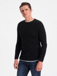 Bawełniany sweter męski z okrągłym dekoltem - czarny V1 OM-SWSW-0103 - XXL. Czarne swetry męskie Ombre Clothing, l, bez wzorów, z bawełny, bez kołnierzyka. W wyprzedaży za 69.99 zł.