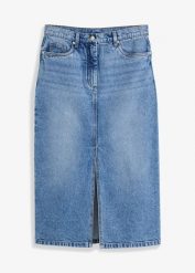 Spódnica dżinsowa z rozcięciem. Niebieskie spódniczki damskie bonprix, bez wzorów, eleganckie, midi. Za 139.99 zł.