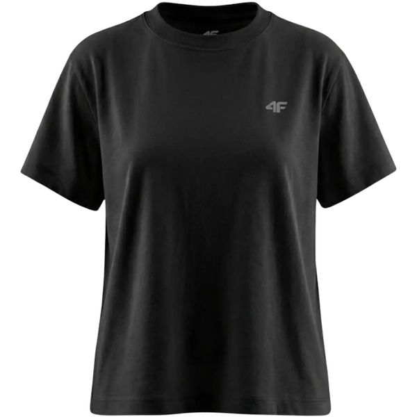 Koszulka damska 4F - krótki rękaw, dopasowany krój, miękki jersey. Czarne t-shirty damskie 4f, l, bez wzorów, z bawełny, bez kołnierzyka. Za 46.99 zł.