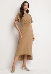 Ciemnobeżowa Rozkloszowana Sukienka Ozdobiona Marszczeniem Odallica. Brązowe sukienki damskie Born2be, m, bez wzorów, eleganckie, bez kołnierzyka, bez ramiączek, maxi, rozkloszowane. W wyprzedaży za 67.99 zł.