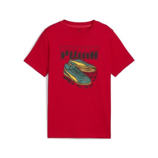 Młodzieżowa koszulka z grafiką sneakersów PUMA. Czerwona bluzki damskie Puma, m, bez wzorów, bez kołnierzyka. W wyprzedaży za 69.00 zł.