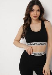 Czarny Biustonosz Top Sportowy Prążkowany z Ozdobną Gumą Fanelli. Czarne biustonosze sportowe damskie Born2be, bez wzorów, z gumy, bez ramiączek. Za 34.99 zł.