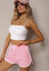 Różowe Szorty Dresowe z Dodatkiem Bawełny High Waist Wykończone Lamówką Mivorina. Czerwone spodenki sportowe damskie Renee, bez wzorów, z bawełny, eleganckie, z podwyższonym stanem. Za 29.99 zł.